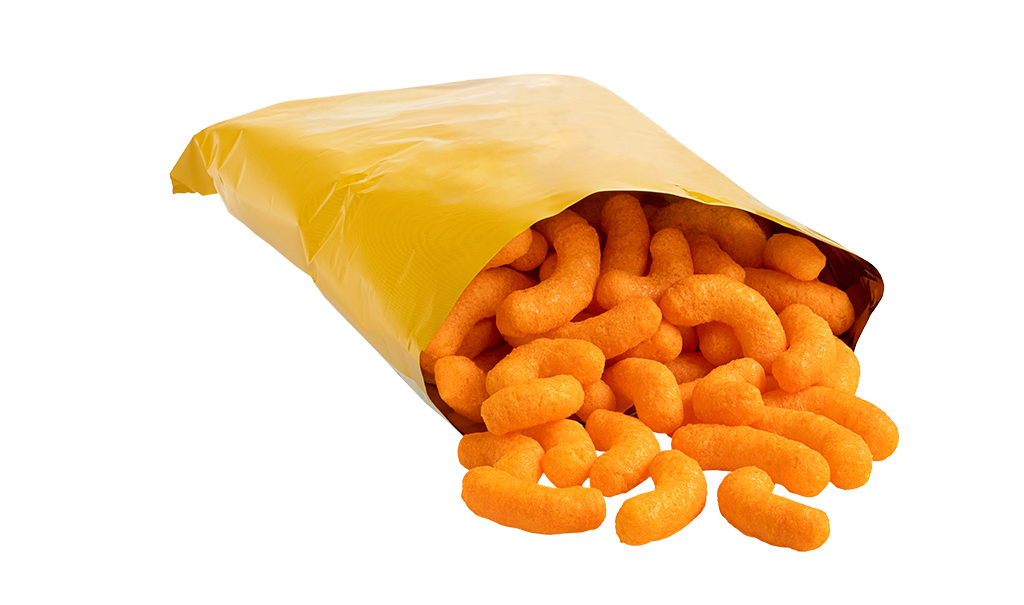 An open bag of cheese puffs.