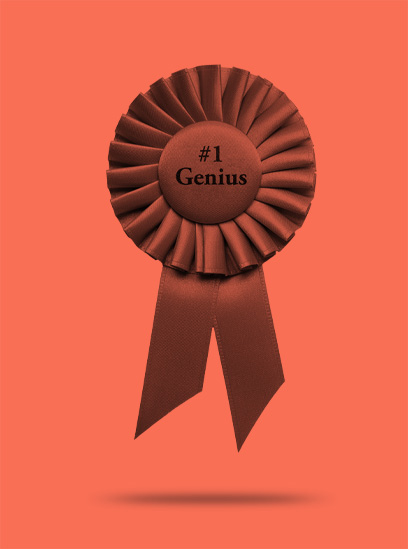 A red-tinted ribbon that says "#1 Genius."