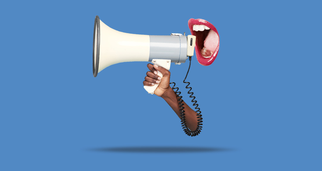 A disembodied mouth yelling into a megaphone.