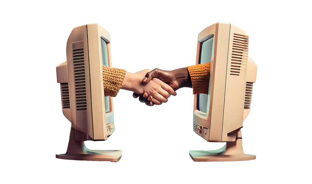 Two hands coming out of computer screens and shaking hands.