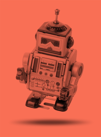 Red tinted wind-up robot.