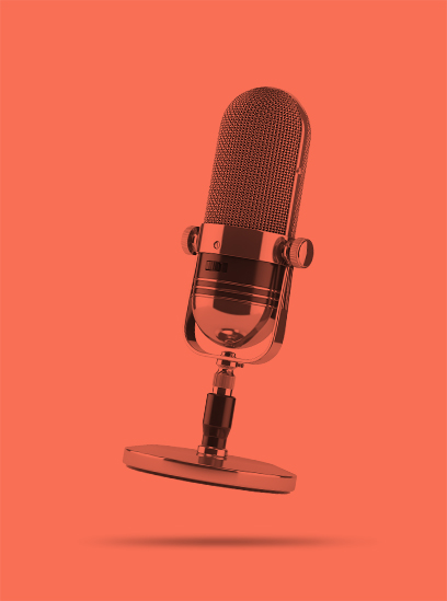 A microphone on a red background.