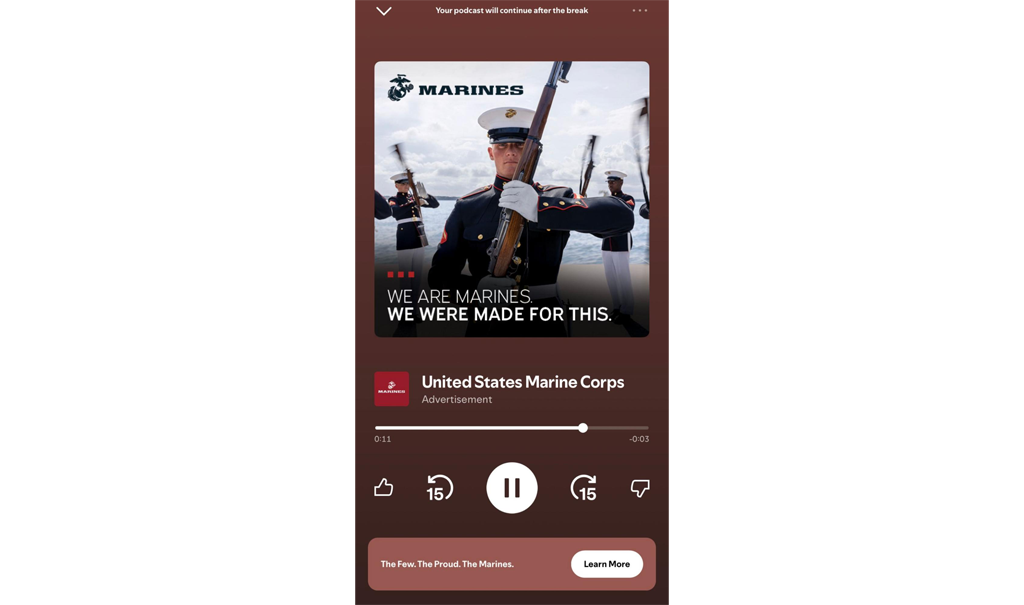 A podcast banner ad of a United States Marine in uniform, holding a rifle.