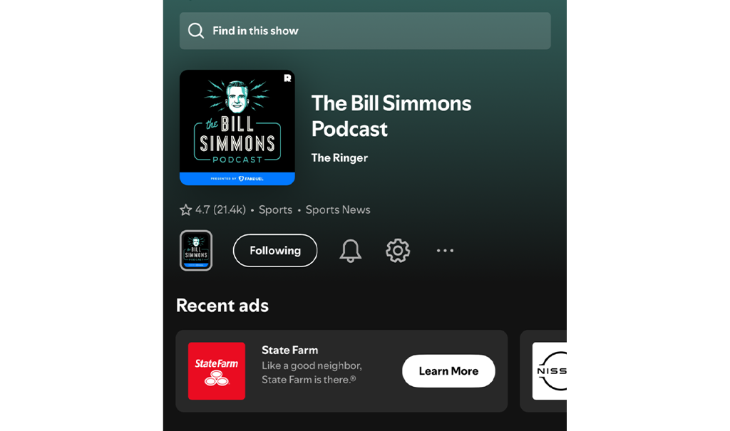 The cover of the Bill Simmons podcast with a button to "Learn More" about State Farm.