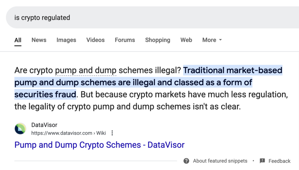 A featured snippet in response to the search, "Is bitcoin regulated?"