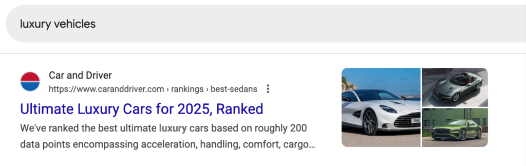 An image SERP feature for a search for "luxury vehicles."