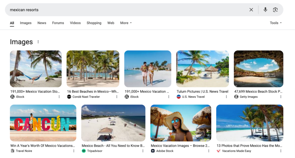 An image pack SERP showing "Mexican resorts."