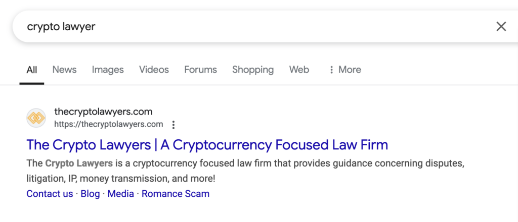 A sitelink SERP feature for the search, "crypto lawyer."