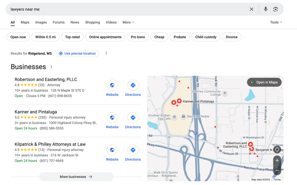 A local pack SERP feature for the search "lawyer near me."
