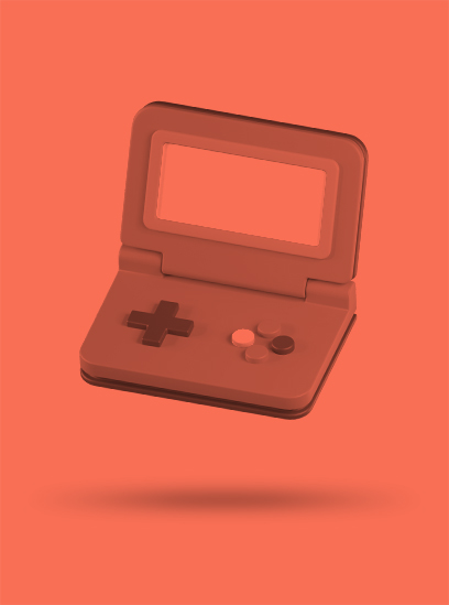 A handheld video game console in front of a red background.